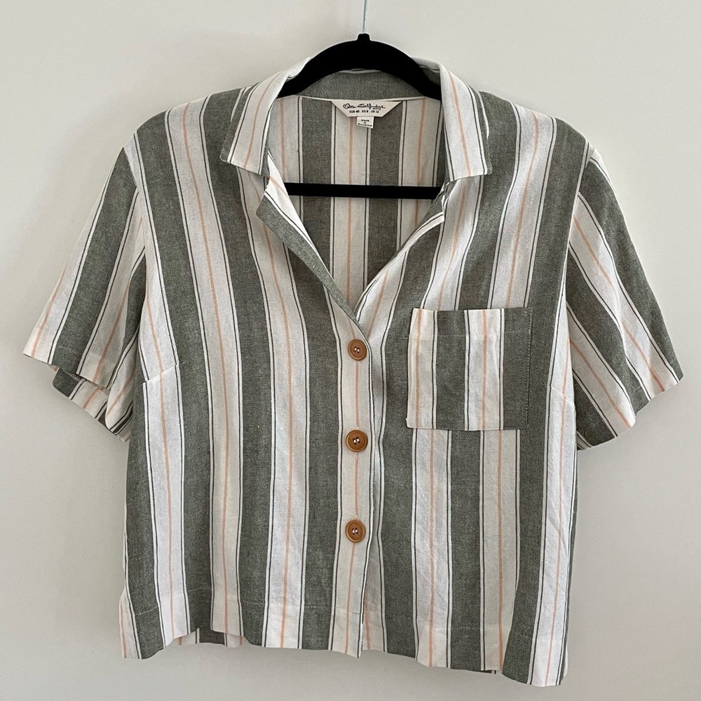 White & Green Striped Linen Top